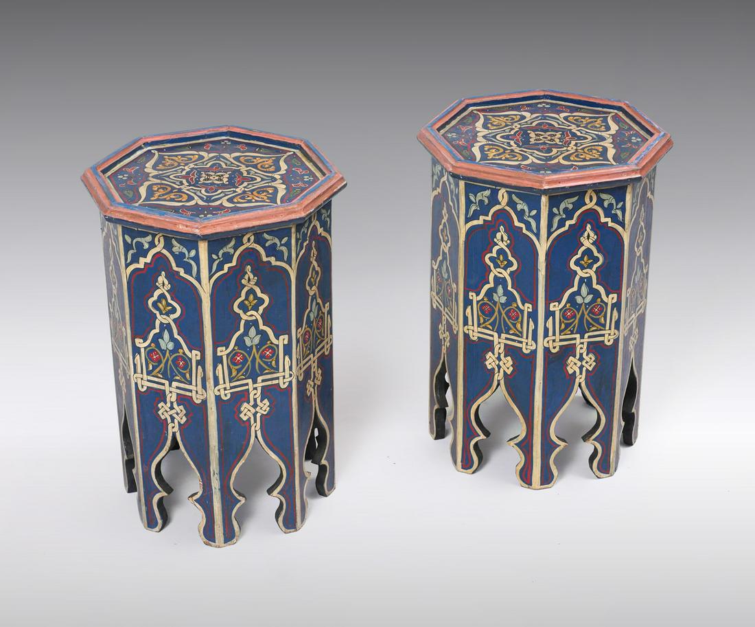 2 MOORISH PAINTED TABOURET TABLES: 2 MOORISH PAINTED TABOURET TABLES: 2- Pair of hand-painted Tabouret tables, having a dark blue ground with scrolling & foliate designs. Approx. 22.75'' h x 15.75'' w.