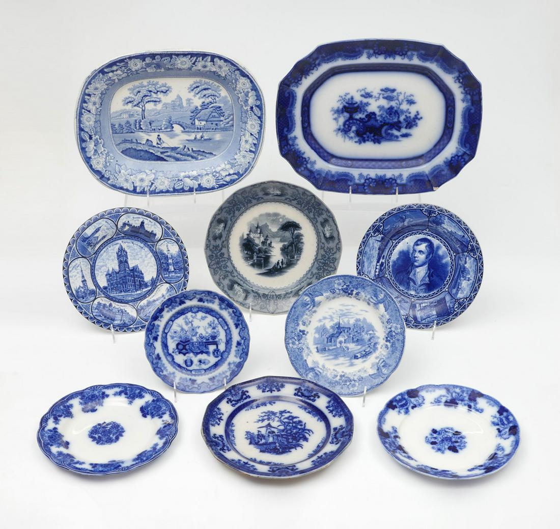 10 PC. FLO BLUE CHINA & TRANSFERWARE COLLECTION: 10 PC. FLO BLUE CHINA & TRANSFER WARE COLLECTION: Comprising; 1- Transferware ''Wild Rose'' platter, 2- Transfer ware ''The Roland & Marsellus Co. plate, 1- Transfer ware ''Monterey'' plate. 1- Transf