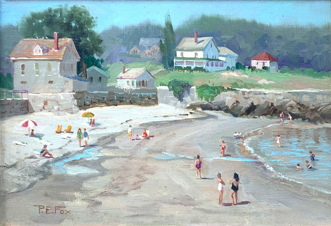 NEW ENGLAND SUMMER BEACH PAINTING SIGNED P.E. FOX: NEW ENGLAND SUMMER BEACH PAINTING SIGNED P.E. FOX: Oil on Masonite, 6.75'' x 10'', framed, 11.25'' x 14.25'', Rockport MASS frame label.
