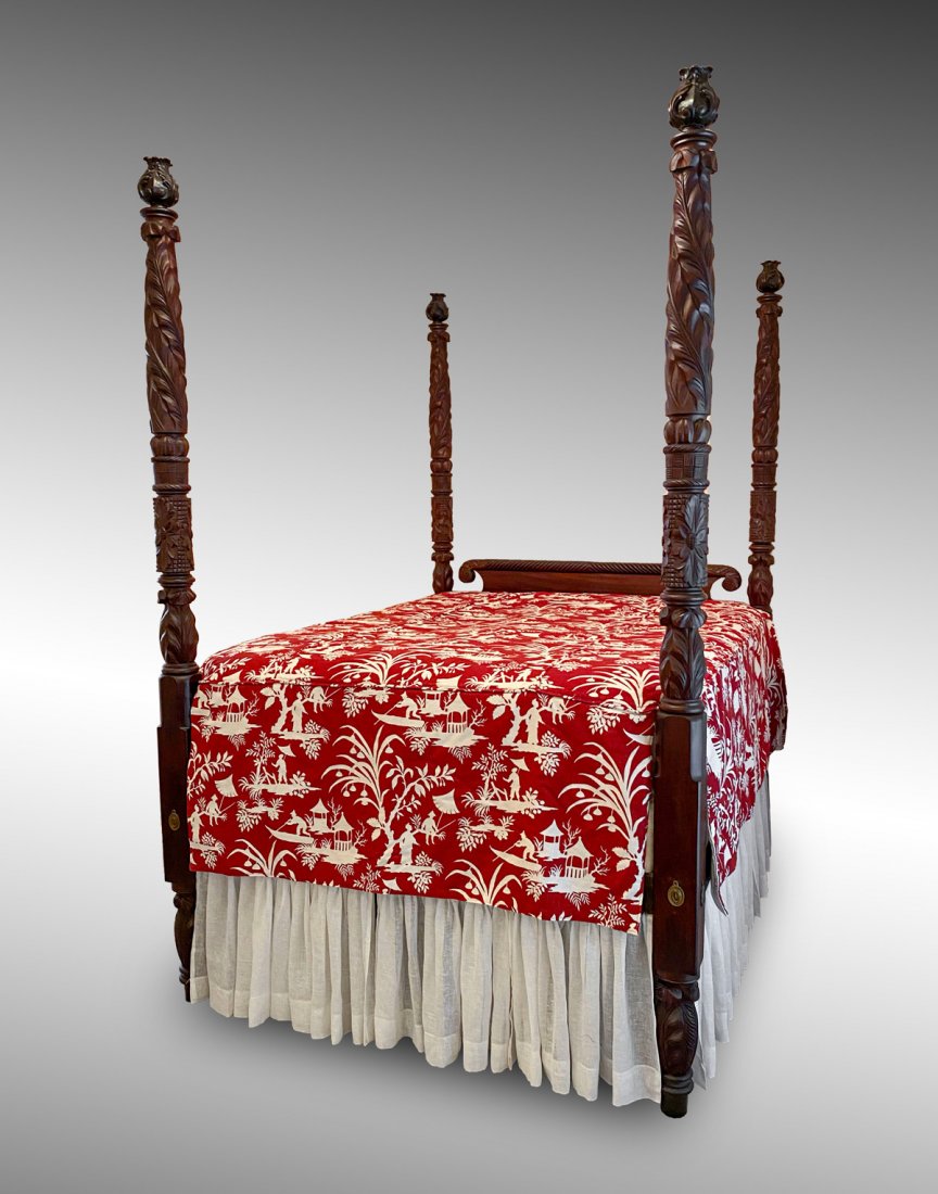 CARVED FEDERAL/EMPIRE 4 POSTER BED WITH SPREAD: CARVED FEDERAL/EMPIRE 4 POSTER BED WITH SPREAD: Scrolling crest rail at headboard with heavily carved twisting foliate design. Hideaway bed pulls out. Also included are red ground Chinoiserie spread.
