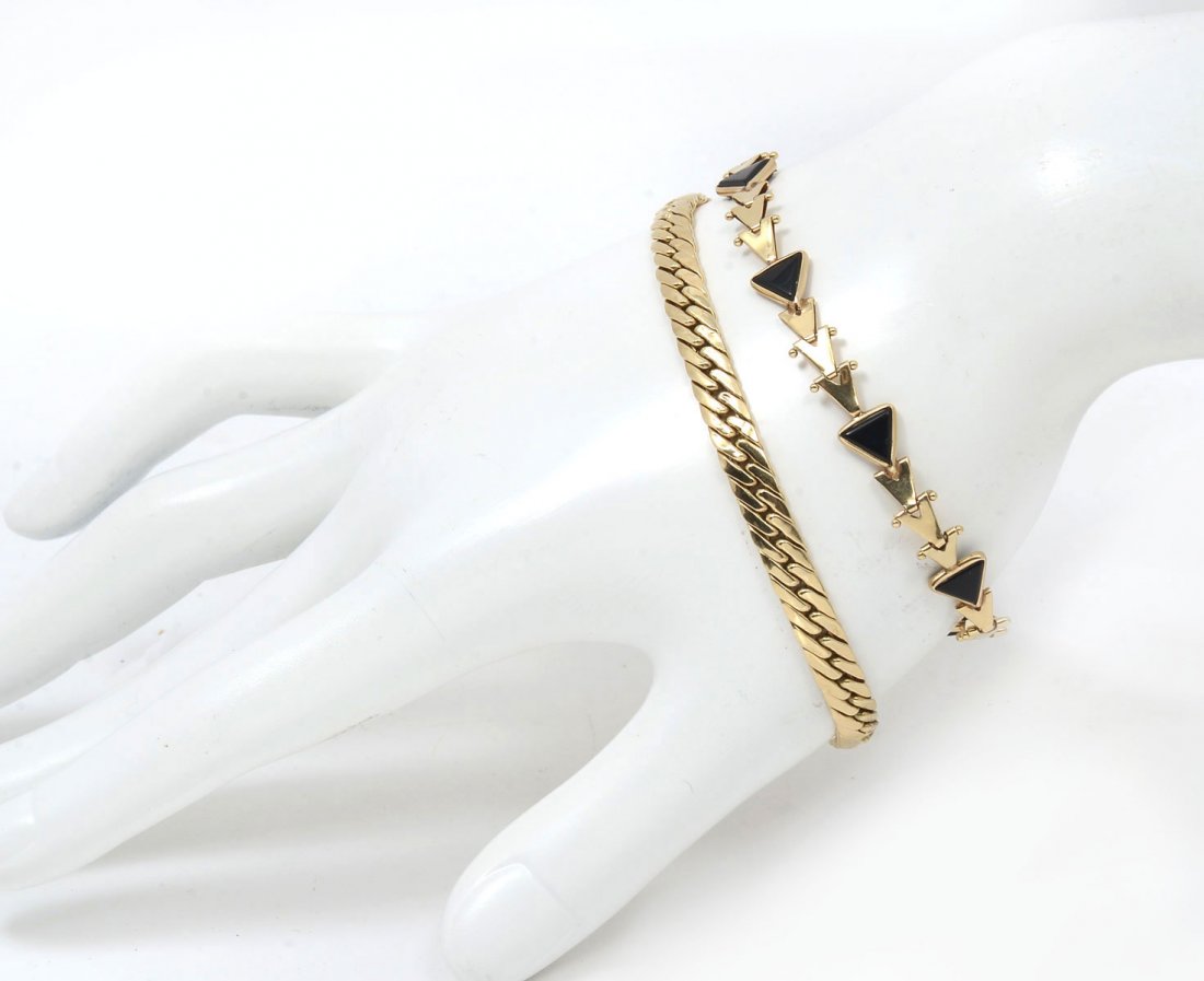 TWO 14K GOLD BRACELETS: TWO 14K GOLD BRACELETS: 1) 14K 8" Cuban curb link bracelet. Weight 7.8 grams; 2) 7" yellow gold triangles alternate with inlaid black onyx in this bracelet. Weight 5.4 grams.