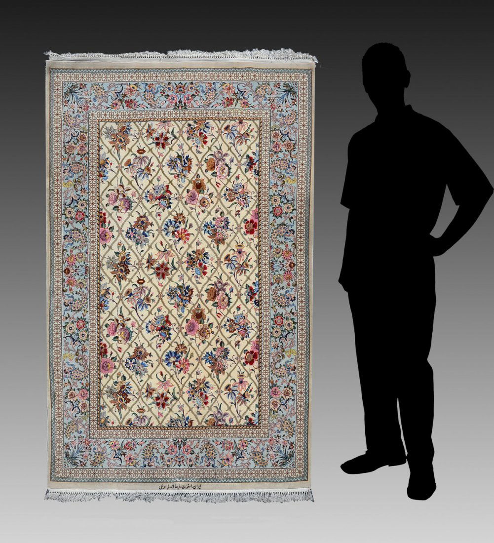 SIGNED HK ORIENTAL CARPET SILK & WOOL ISHAN 4'3'' x: SIGNED FINE ESTATE HAND KNOTTED ORIENTAL CARPET SILK & WOOL ISFAHAN, 4'3" x 6'4": This beautiful rug has a variant of a traditional garden pattern with delicately drawn and colored flowers in beige di
