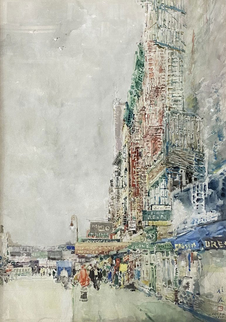 CHEN CHI NEW YORK CITY 2ND STREET PAINTING: CHI, Chen, (Chinese,1912-2005): Busy New York City 2nd Street Scene, Watercolor, sight size, 29" x 20.5, signed lower right, dated 1952, framed, 38" x 29.5".