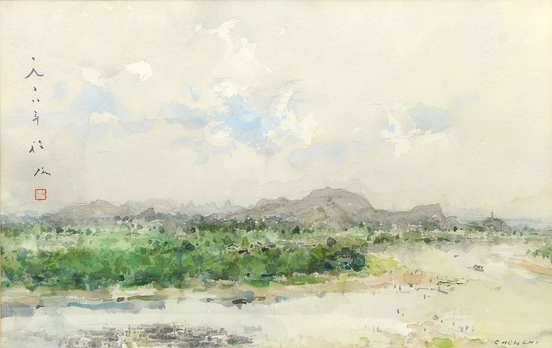 CHEN CHI CHINESE LANDSCAPE PAINTING: CHI, Chen, (Chinese, 1912-2005): Chinese Riverside Landscape Scene, Watercolor, 13.75" x 21.5", signed lower right, framed, 22.5" x 30".