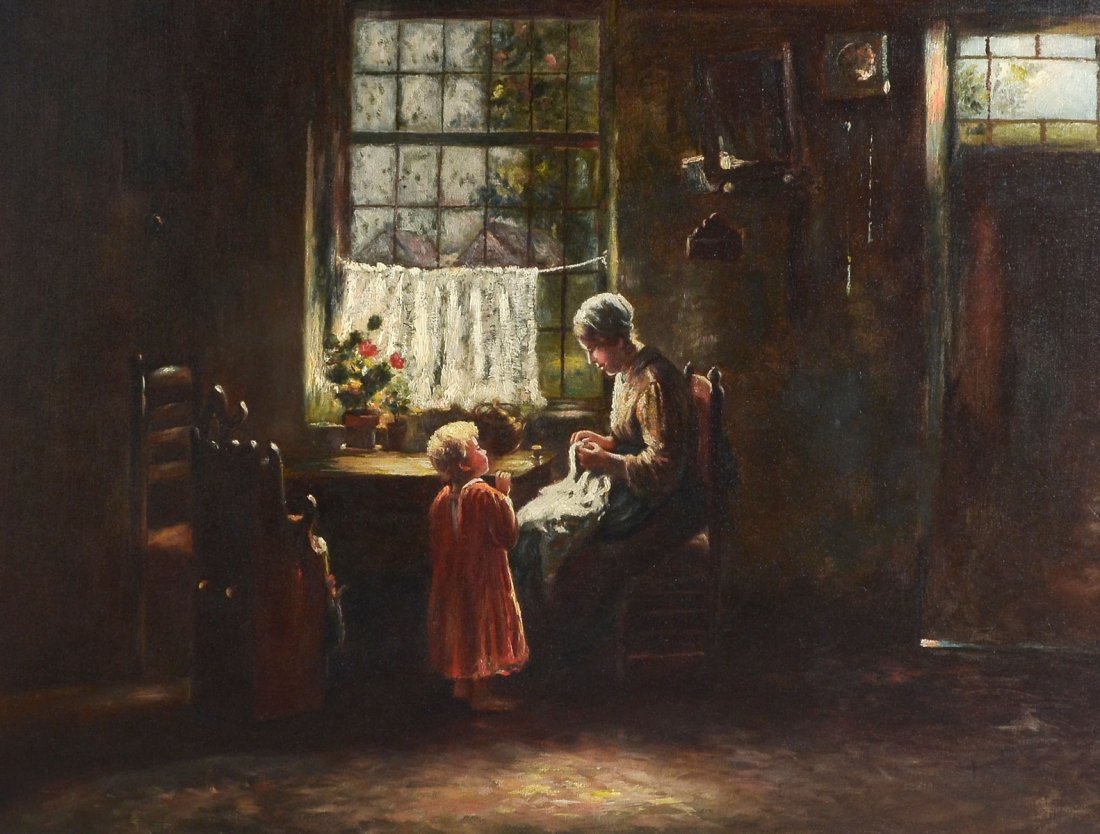 DUTCH GENRE PAINTING WITH MOTHER AND CHILD: DUTCH GENRE PAINTING WITH MOTHER AND CHILD BY THE WINDOW: Unsigned but in the style of Bernard Potthast, Oil/Canvas, 26'' x 36'', framed, 36'' x 45.5''.