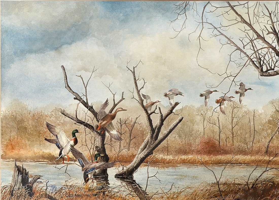 RICHARD PLASSCHAERT DUCKS IN FLIGHT PAINTING: PLASSCHAERT, Richard, (American, 1941-): Ducks in Flight on the Marsh, Watercolor, sight size, 20" x 28", signed lower left and dated '78, framed, 28.5" x 36.5".