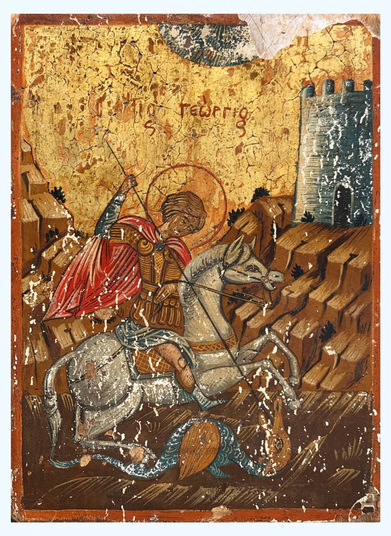 EARLY PAINTING OF ST GEORGE SLAYING THE DRAGON: EARLY ICON PAINTING OF ST GEORGE SLAYING THE DRAGON: Oil/Cradled Panel, 9.125" X 6.75".