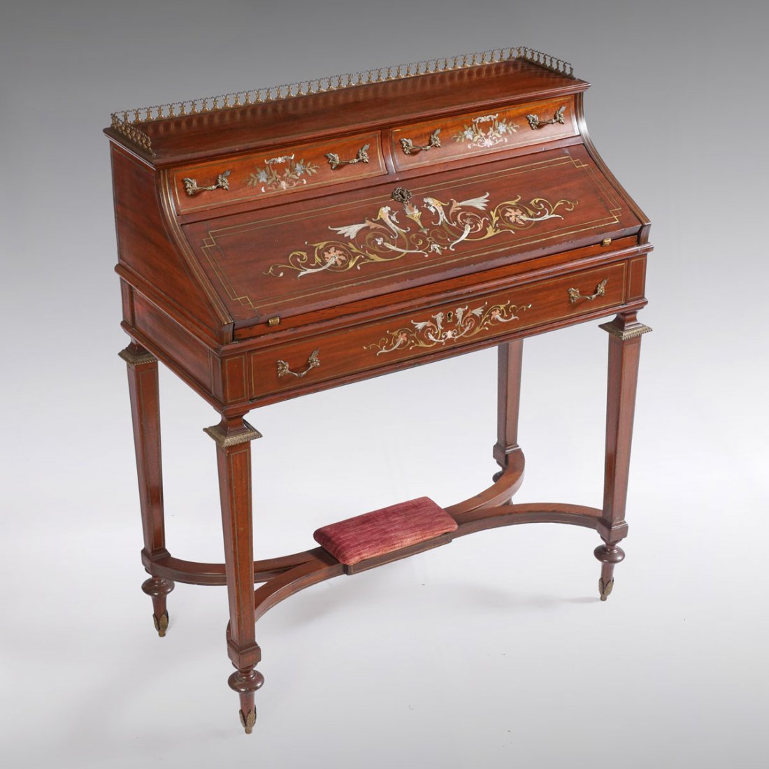 INLAID FRENCH SECRETARY: INLAID FRENCH SECRETARY: Gallery top French secretary, having 2- drawers, over slant-front lid that opens to reveal a 3-drawer over writing surface. Large lower drawer. All having inlaid copper, brass