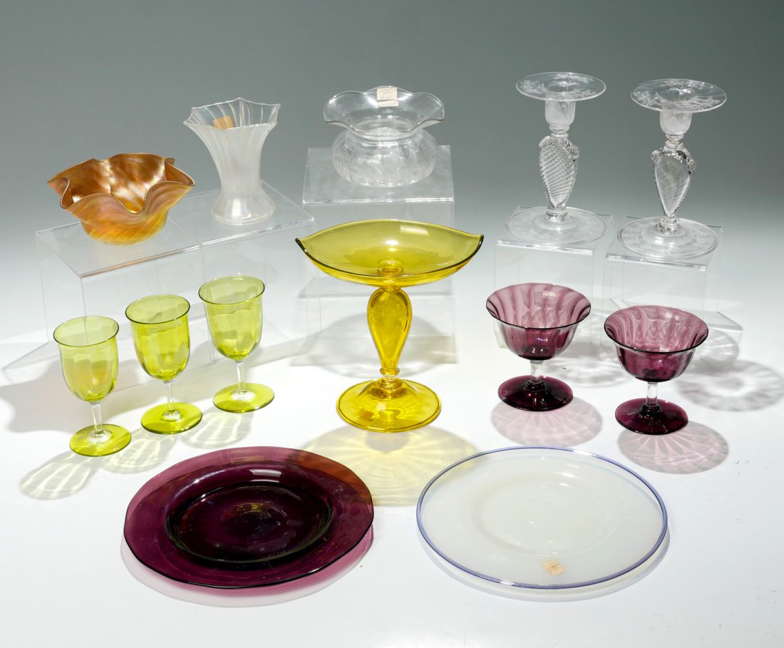 13 PIECE STEUBEN ART GLASS COLLECTION: 13 PIECE STEUBEN ART GLASS COLLECTION: Comprising; 2- Amethyst sherberts, 3- Greenish cordials. 1- Vaseline glass etched compote, signed at underside. 2- cut glass candlesticks, signed. 1- Cut glass F