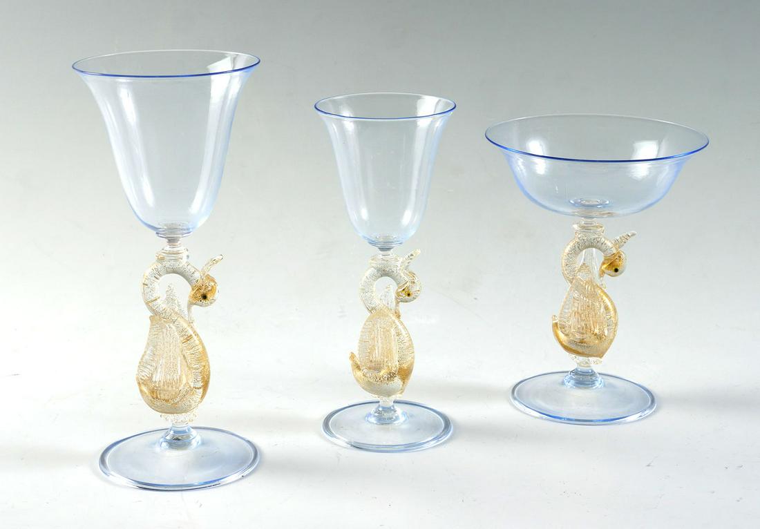 15 PC VENETIAN SALVIATI SWAN STEMWARE GOLD FLECK: 15 PC VENETIAN SALVIATI SWAN STEMWARE GOLD FLECK AND FRENCH BLUE: Comprising; 6- Wine glasses, 6- Margarita glasses, & 3- Champagne glasses. All have Blue cup & feet with Gold flaked Swans. Largest Ap