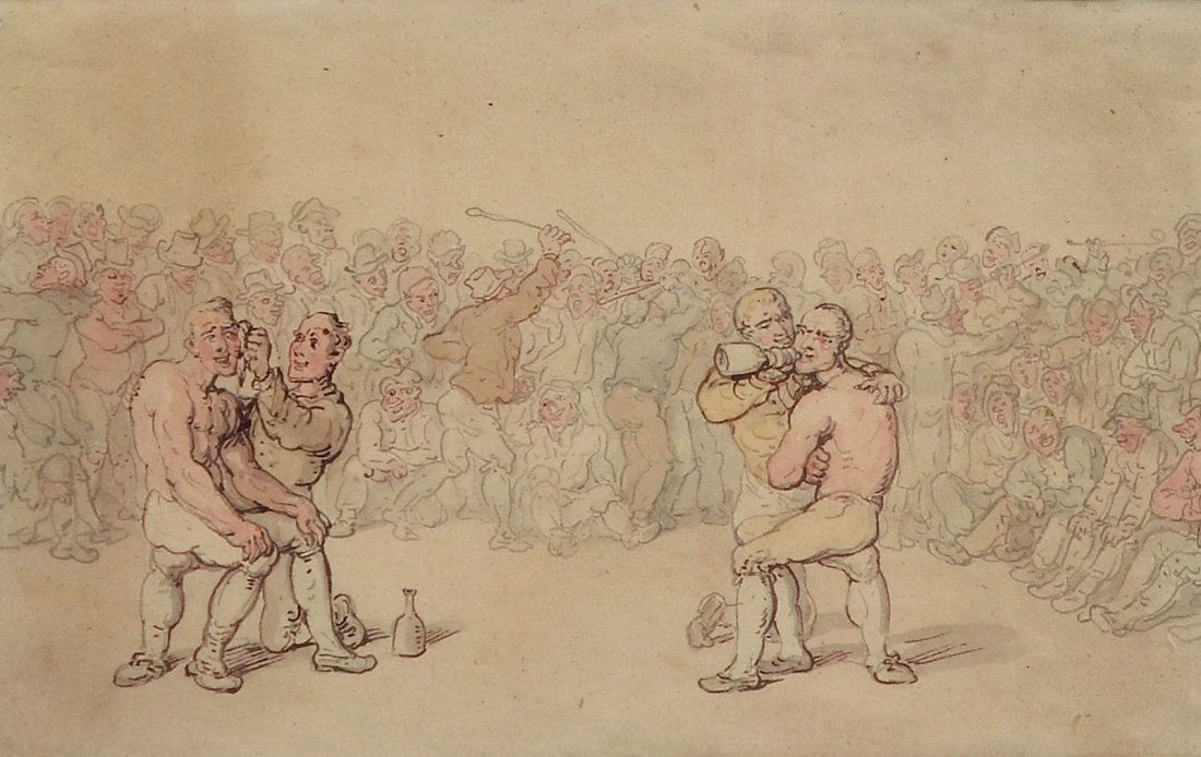 ROWLANDSON WATERCOLOR BOXERS: ROWLANDSON, Thomas, (British, 1756-1827): "The Fight", a Bareknuckle Boxing Match with Large Crowd, pen/ink with Watercolor, sight size 5.25" x 8.5", Bouchelle Collection label verso, framed, 12.75" x
