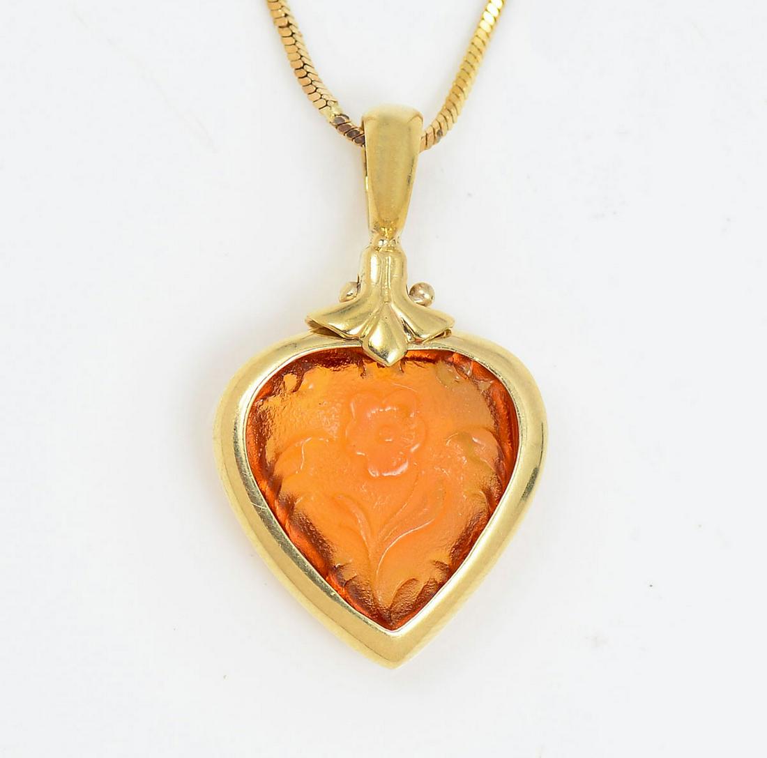 18K MARCO BICEGO HEART PENDANT & CHAIN: 18K MARCO BICEGO HEART PENDANT & CHAIN: Heart framed citrine with makers mark, 18K and Italy on the bail with 18'' 18K necklace with 4 sets of stationary beads.