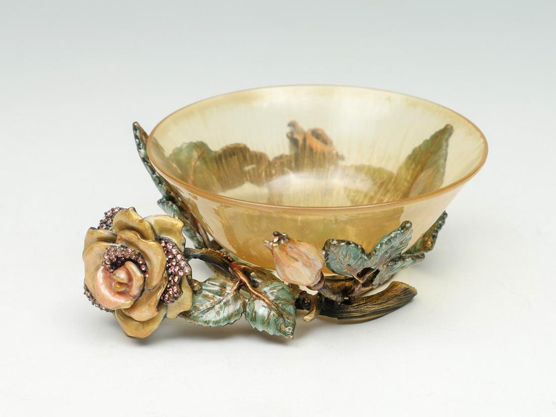 JAY STRONGWATER ROSE BASE WITH YELLOW BOWL: JAY STRONGWATER ROSE BASE & YELLOW BOWL: 1) Base features yellow roses on a vine with Swarovski crystals. Pale yellow glass bowl sets into the base. Originally sold in high end stores. No missing crys