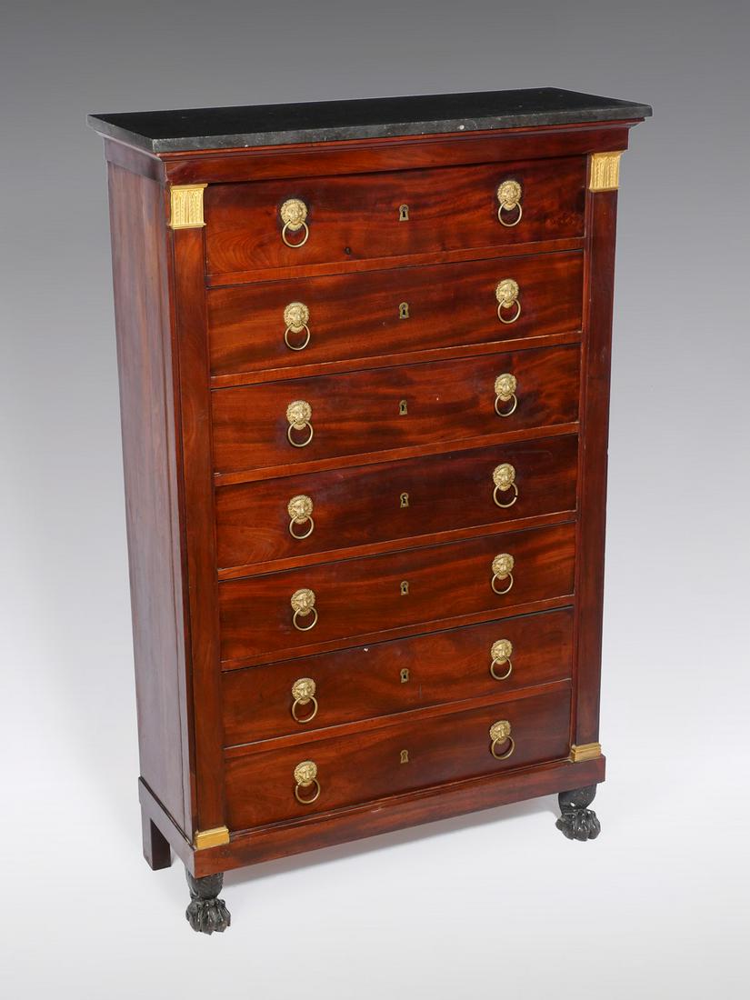 EMPIRE ORMOLU MOUNTED CHEST OF DRAWERS: EMPIRE ORMOLU MOUNTED CHEST OF DRAWERS: 6- Drawer Empire chest of drawers, having Gilt floral & foliate metal mounts, Lion's head form pulls. Double deep drawer at bottom. Raised on carved paw feet. A