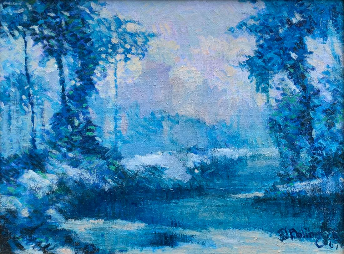 FRANZ BOLINGER FLORIDA SHADY STREAM PAINTING: BOLINGER, Franz, (American, 1903-1986): Florida Shady Stream in Tonalist Blue, Oil/Canvas, 12" x 16", signed lower right, carved and gilded Impressionist style frame, 18" x 22".