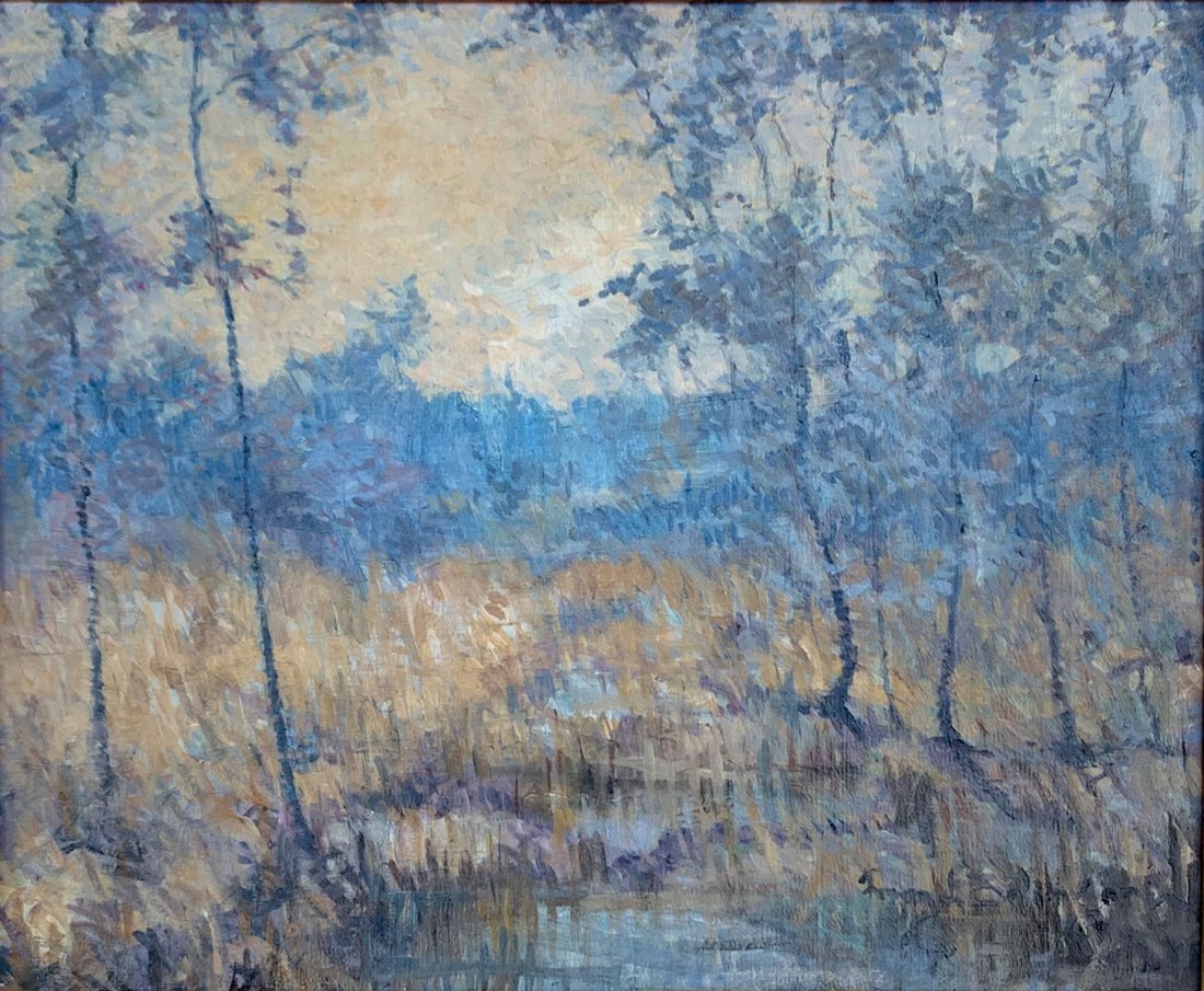 FRANZ BOLINGER MARSH PAINTING: BOLINGER, Franz, (American, 1903-1986): Florida Marsh Landscape, Oil/Canvas, 14" x 17", signed lower right, Gilded and Carved Impressionist style frame, 21" x 23.75".