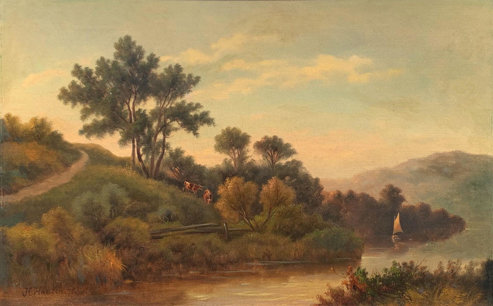 HANSEN HUDSON RIVER SCHOOL STYLE PAINTING: HANSEN HUDSON RIVER SCHOOL STYLE PAINTING: Oil/Canvas, 14" x 22", signed lower left H. Hansen and dated '75, framed, 18.5" x 27".