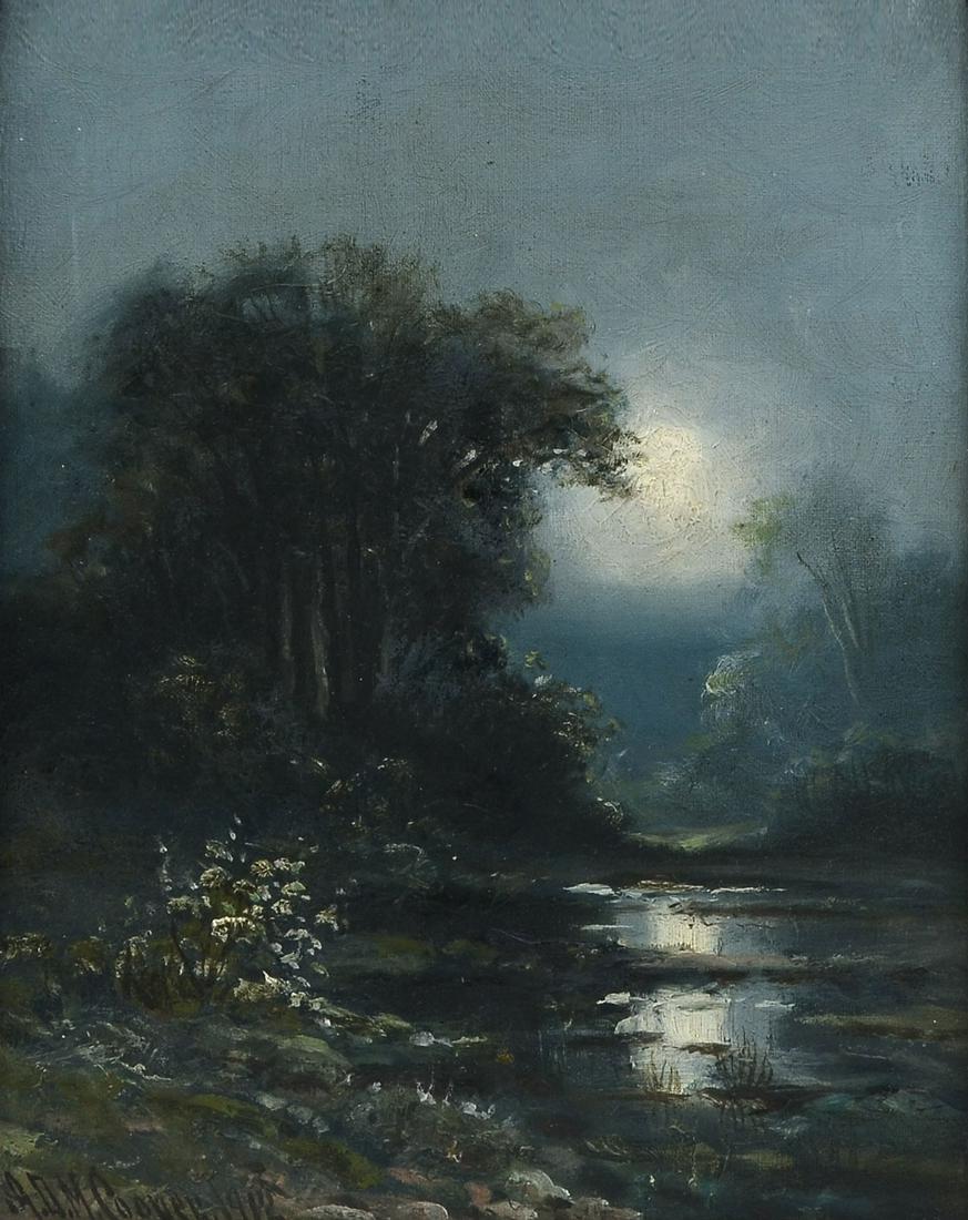 A. D. M. COOPER MOONLIT LANDSCAPE PAINTING: COOPER, Astley David Middleton, (American, 1856-1924): Misty Moonlit Landscape with Bog, Oil/Canvas, 10" x 8", signed lower left, dated 1912, framed, 14.5" x 12.5".