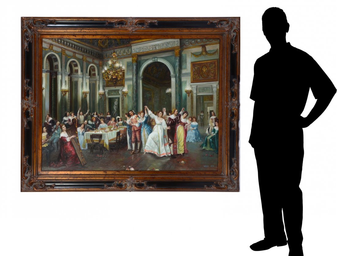 LARGE RENAISSANCE STYLE BALLROOM GENRE PAINTING: LARGE RENAISSANCE STYLE BALLROOM GENRE PAINTING: Oil/Canvas, 36" x 48", signed lower right Vincent Koch, framed, 46.5" x 58.5".