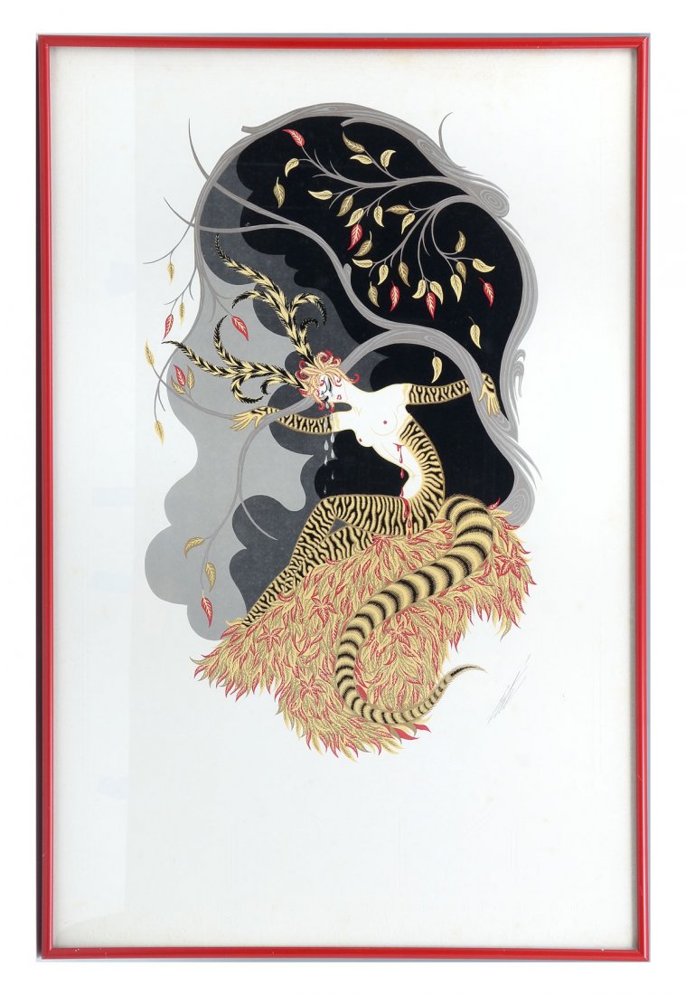 ERTE SIGNED MIRAGE EDITIONS LITHOGRAPH: ERTE SIGNED MIRAGE EDITIONS LITHOGRAPH: Autumn Tiger, Lithograph, sight size, 30" x 19.5", pencil signed lower right, embossed in encryption mirage editions, framed, 30.5" x 20.25".
