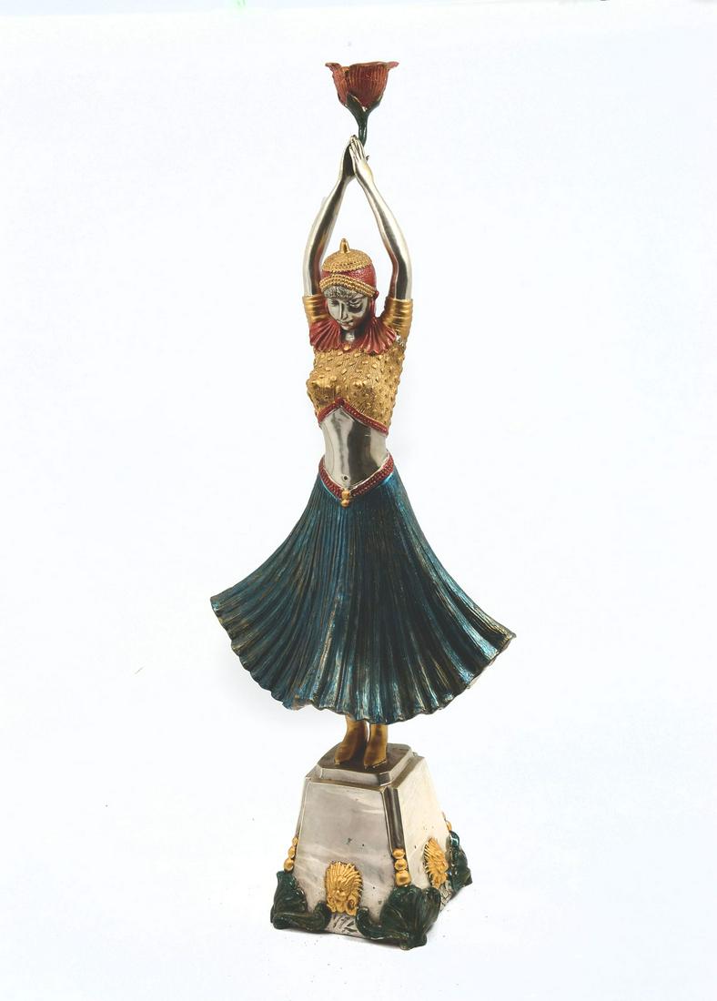 CONTEMPORARY SILVERED AND PAINTED METAL SCULPTURE: CONTEMPORARY SILVERED AND PAINTED METAL DANCER SCULPTURE/CANDLESTICK: Approx. 31" in height, young female dancer with bare midriff and hands above her head holding a rosebud which forms the candle hol