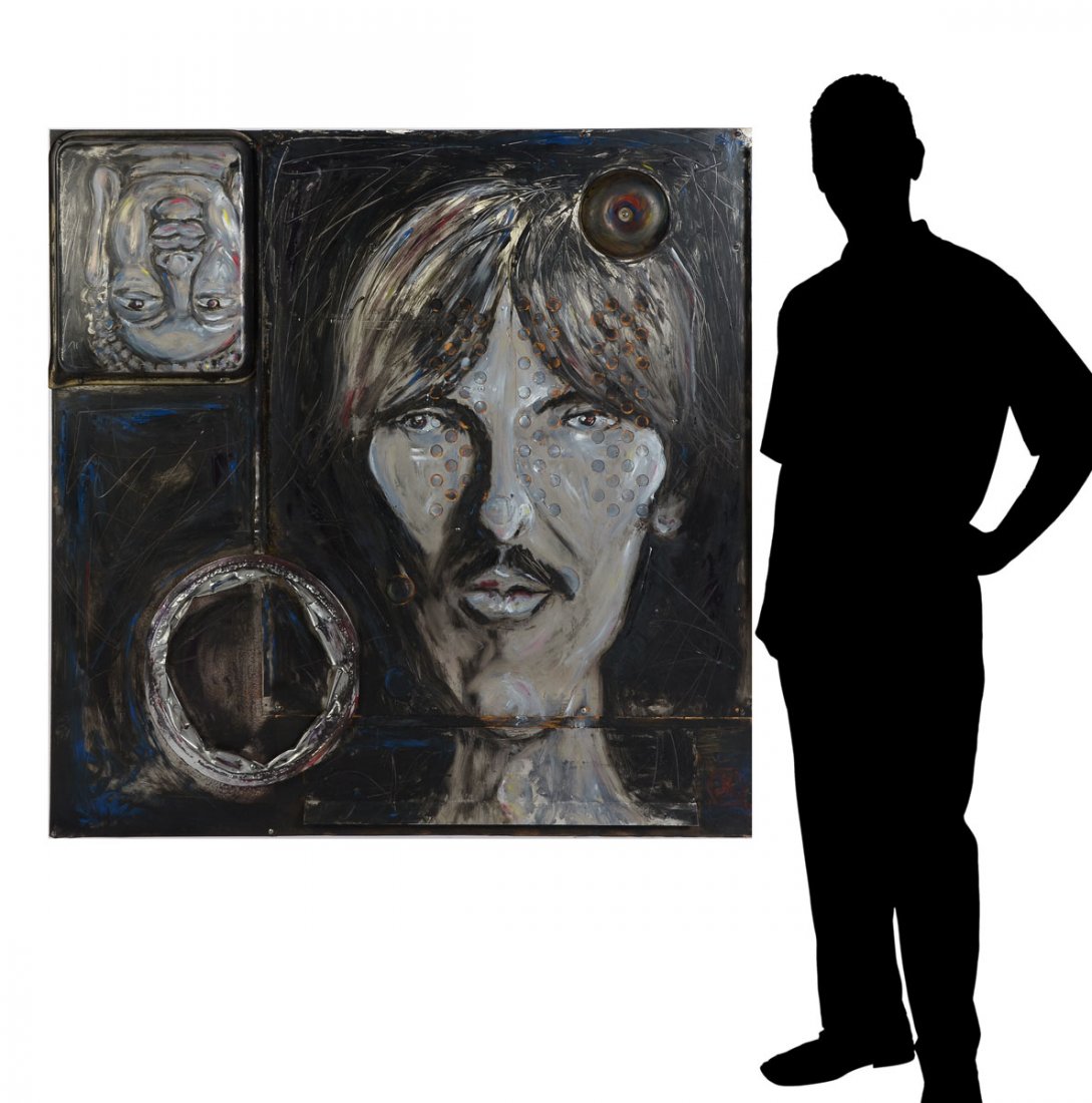 GEORGE HARRISON PORTRAIT PAINTING BY JAMES L. OLESON: OLESON, James L., (American, 20th Century):"George Harrison", Mixed Media, 48" X 48", Mounted to Plywood, monogrammed lower right.