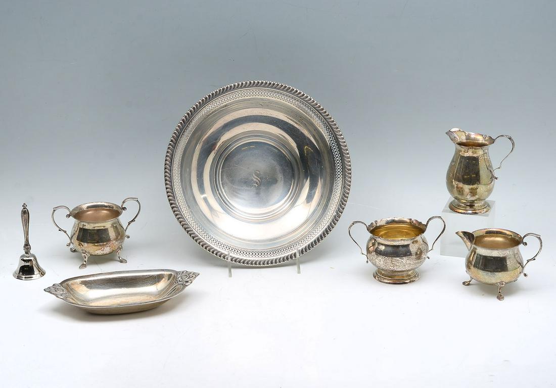 7 PIECE STERLING SILVER COLLECTION: 7 PIECE STERLING SILVER COLLECTION: Approx. 32.57 Troy ounces. Comprising; 1- Sterling handled Bell, by Webster Co. 2- Pc. Baldwin & Miller Inc. Sugar & Creamer. 2- Pc. Becht & Hartl Inc. Sugar & Crea