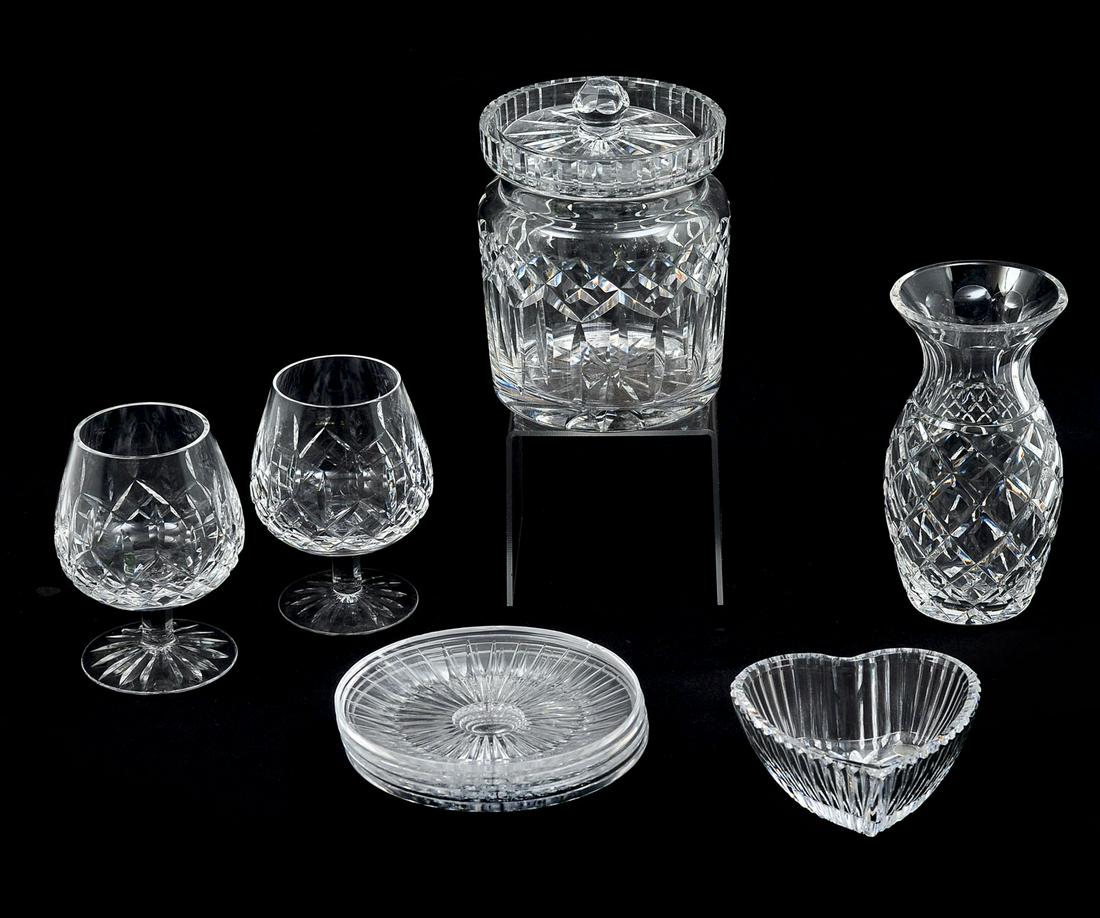 9 PC. WATERFORD, & VAL ST. LAMBERT CRYSTAL: 9 PC. WATERFORD, & VAL ST. LAMBERT CRYSTAL: Comprising; 1- Waterford Biscuit jar, 1- Waterford vase, 2- Waterford snifters, 1- Waterford heart-shaped trinket dish, & 4- Val St. Lambert bread plates. L
