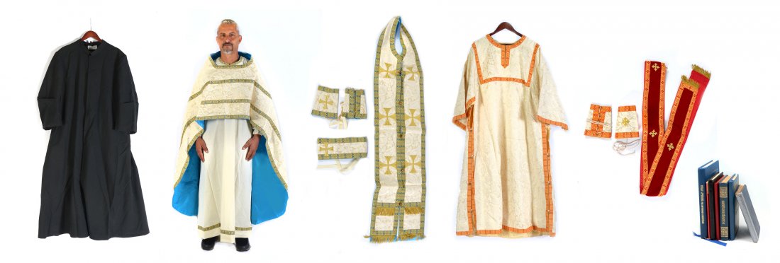 COLLECTION OF RELIGIOUS VESTMENTS: COLLECTION OF RELIGIOUS VESTMENTS: Comprising; 4- Full length religious cloaks, Stoles, & 7- Religious prayer books. Largest robe Approx. 58" h.