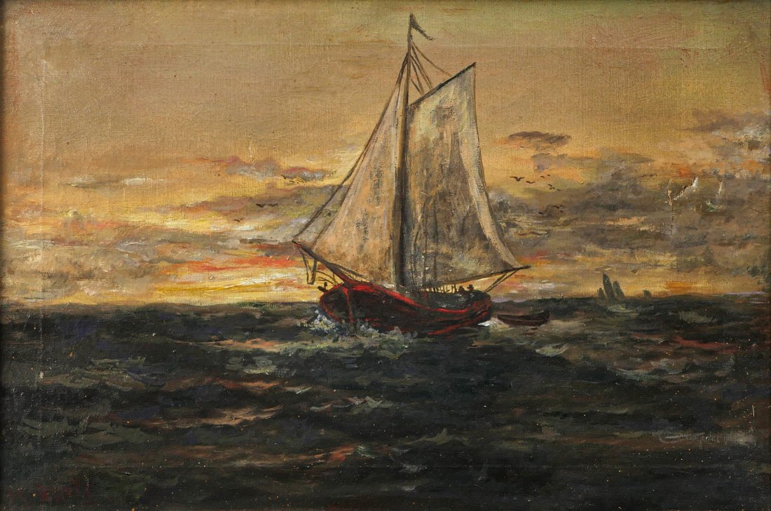 ILLEGIBLY SIGNED PAINTING SAILBOAT AT SUNSET: ILLEGIBLY SIGNED PAINTING SAILBOAT AT SUNSET: O/C, 12" x 18", signed on lower left, pierced, carved and painted frame, 18.5" x 24.5".