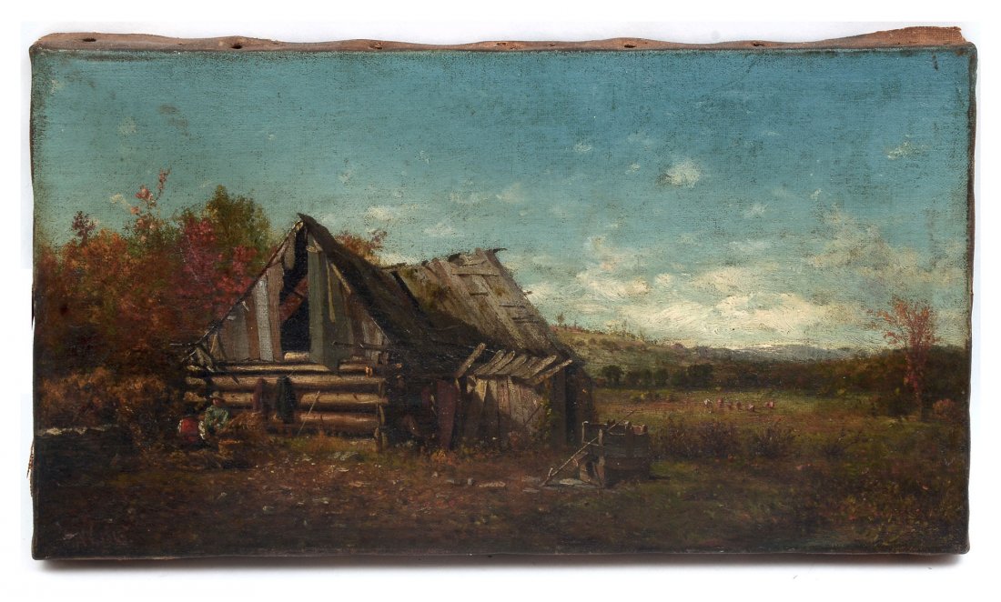 19TH C. LANDSCAPE PAINTING POSSIBLY WILLIAM AIKEN: 19TH C. LANDSCAPE PAINTING POSSIBLY WILLIAM AIKEN WALKER: Oil/Canvas, 6.75'' x 12.25'', monogrammed lower left WAW and dated 1863, Scene depicts an autumnal landscape, workers at rest near a dilapidat