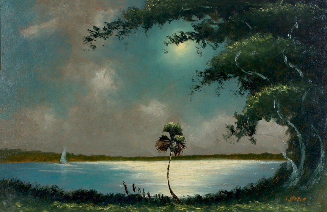 LEMUEL NEWTON FLORIDA HIGHWAYMEN ST. JOHNS RIVER: NEWTON, Lemuel, (American, 1950-): "Florida Highwaymen St. John's River Scene with Sailboat, Oil/Canvasboard, 23.25" x 35.25", signed lower right, framed, 26" x 38".