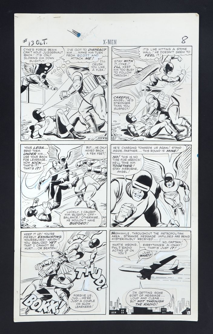 ORIGINAL X MEN ILLUSTRATION FROM #13, 1965: ORIGINAL X-MEN ILLUSTRATION FROM #13, 1965, page 6: Written by Stan Lee, artists Jack Kirby, Jay Gavin, Joe Sinnott, featuring the introduction of Juggernaut, 21'' x 13.5'', stamp verso from Marvel Co