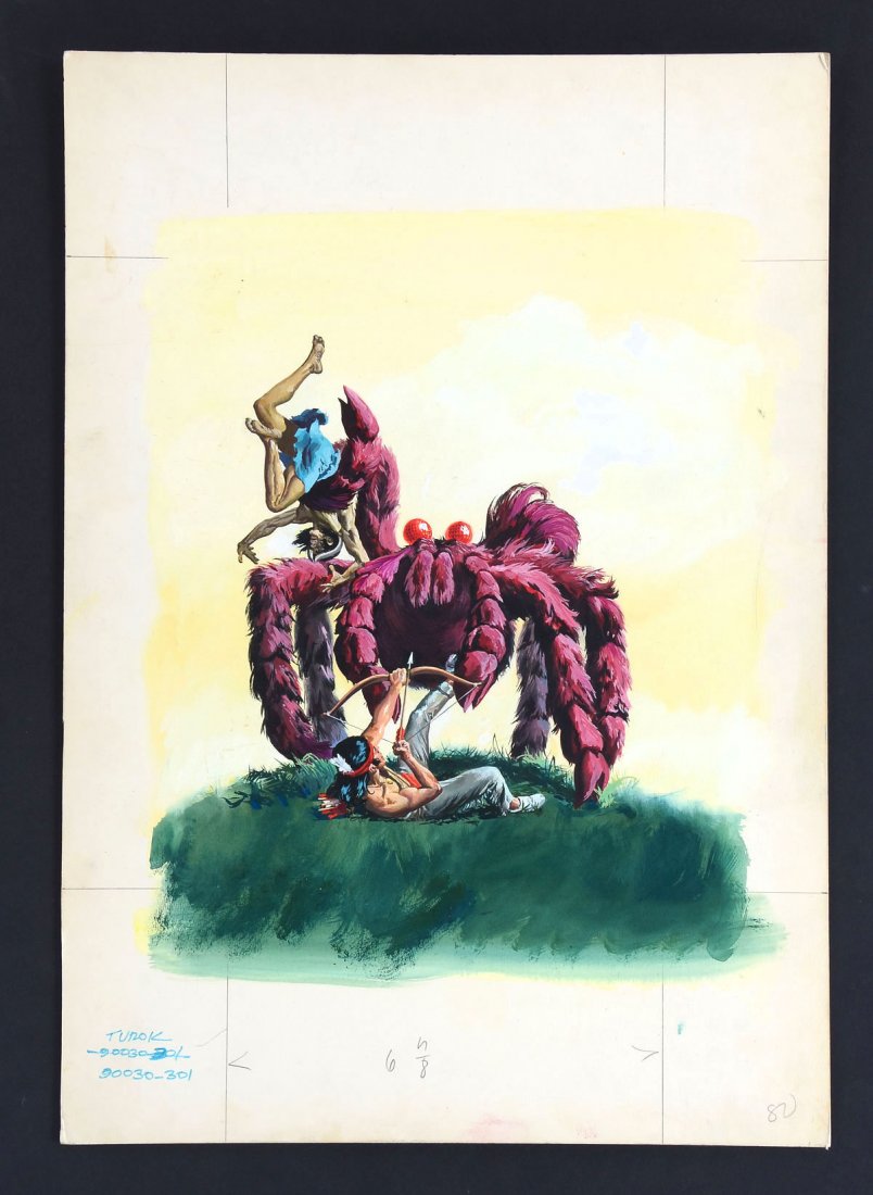 ORIGINAL TUROK SON OF STONE COMIC #82 ILLUSTRATION: ORIGINAL TUROK SON OF STONE COMIC #82 COVER ILLUSTRATION: Illustrated by George Wilson, 1973, Watercolor/Gouache on backboard, 22'' x 15'' total, image size 16'' x 12''