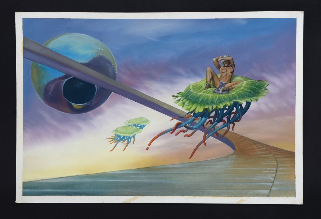DORMAN SCI FI EROTIC ILLUSTRATION: DAVE DORMAN SCI FI EROTIC ILLUSTRATION: Probably egg tempera, Bare Chested Female with jellyfish-like creatures and a giant eyeball, image size is 13'' x 19'', signed lower right, unframed, copyright 