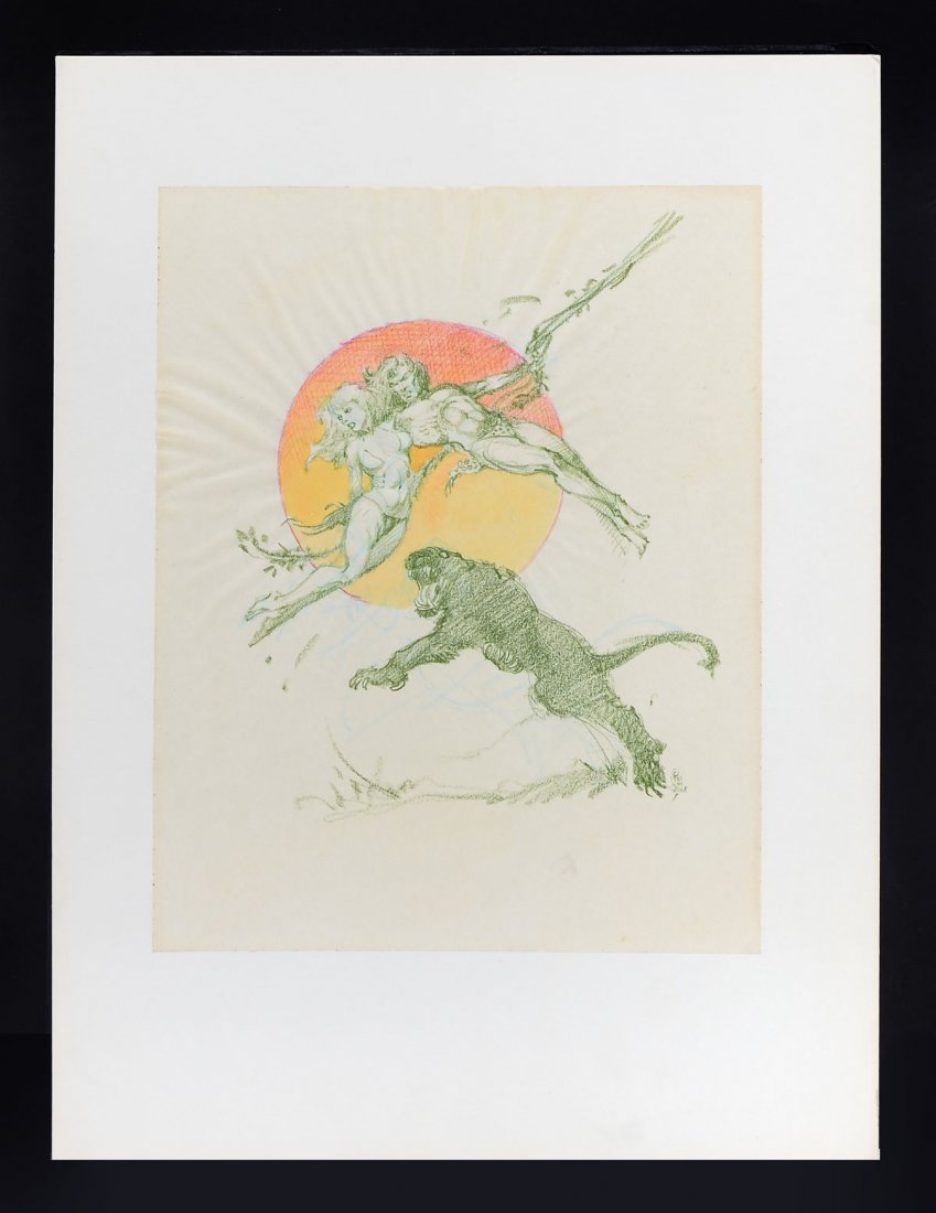 WILLIAM STOUT TARZAN ILLUSTRATION: WILLIAM STOUT TARZAN ILLUSTRATION: Tarzan holding a beautiful woman while swinging on a vine, dodging the oncoming attack of a Black Panther, colored pencil, 13.75'' x 11'', signed lower right and dat