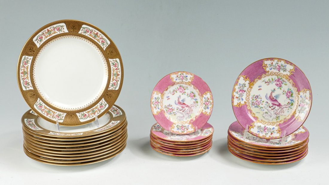 ROYAL CHELSEA AND MINTON PLATES: ROYAL CHELSEA AND MINTON PLATES: Comprising; 8- Dessert plates & 8- Bread plates, by Minton "Sarreguemines Oriental Gareden". 11- Royal Chelsea plates having a wide Gold banded rim with scrolling foli