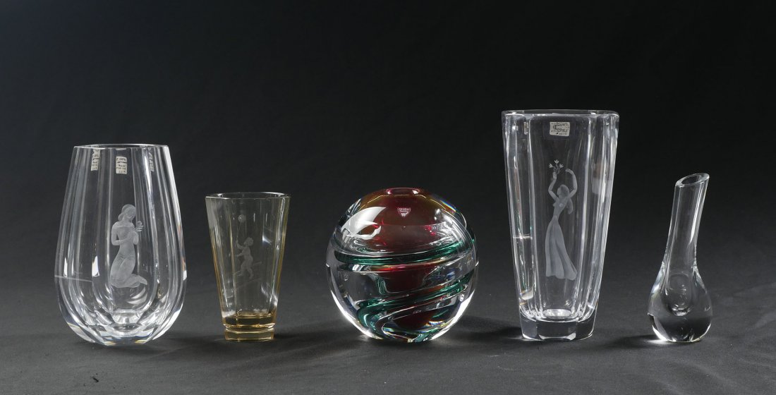 5 PC. GLASS ORREFORS AND BACCARAT COLLECTION: 5 PC. GLASS ORREFORS AND BACCARAT COLLECTION: Comprising; 1- Orrefors Palmquest hexagonal figural vase, 1- Orrefors Palmquest vase with a semi-nude woman, 1- Thick walled Lars Hellsten "Ariel" vase, 1