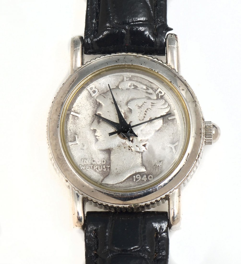 LADIES ANALOG LA CLOCHE MERCURY DIME WATCH: ESTATE LADIES ANALOG LA CLOCHE WATCH WITH 1940 MERCURY DIME FACE AND BACK: Black leather band, Japanese movement, #7 of 8500. Sold with original Box.