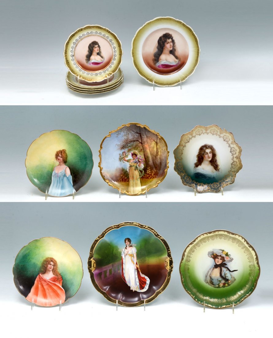 12 PC EUROPEAN PORTRAIT PLATE COLLECTION: 12 PC EUROPEAN PORTRAIT PLATE COLLECTION: Comprising; 9- Bavarian plates with female figures, & 3- L.R.L. French Limoges plates with female figures. Largest Approx. 1.5" h x 11.25" w.