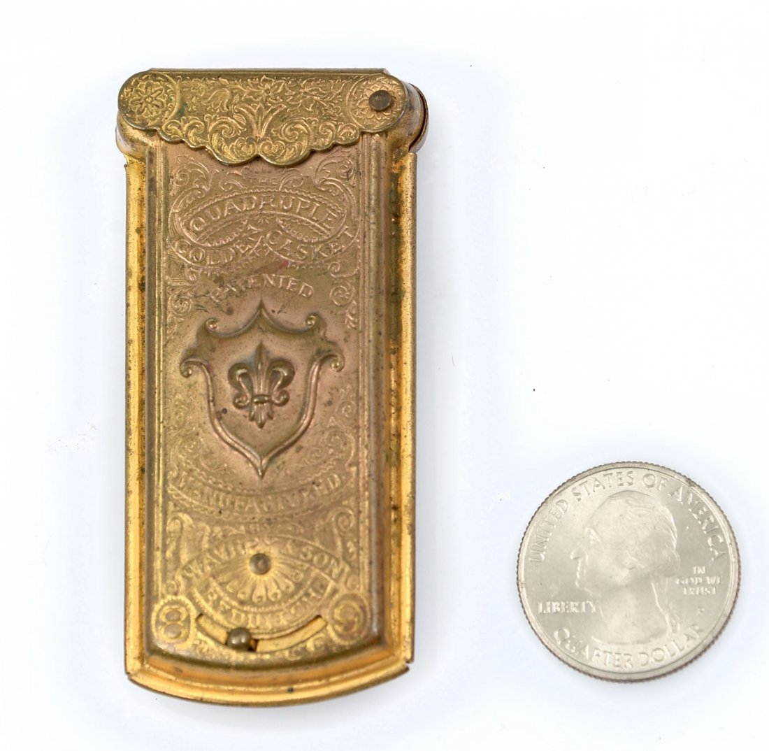 19TH C. WAVERY & SON SEWING NEEDLE DISPENSER: 19TH C. WAVERY & SON SEWING NEEDLE DISPENSER: 19th Century brass sewing needle case/dispenser, by Wavery & Son of Redditch, England. 4- lifting needle sleeves under lid. Approx. 2.75" h x 1.25" l x .5