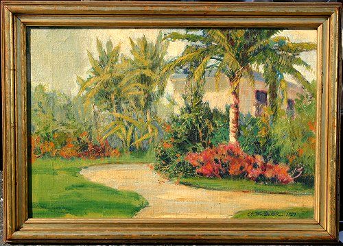 CHARLES WILLIAM DUVAL FLORIDA LANDSCAPE PAINTING 2: DUVALL, Charles William, (American, 1865-1966): Duvall's home in Florida, O/C, 12" x 18", signed lower right, dated 1929, encased in original period gilded frame, worn and has gilt loss, 3/4" x 20 1/2