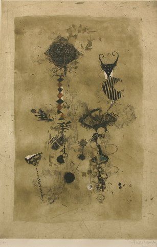 ABSTRACT ETCHING BY LISTED ARTIST FRIEDLANDER: FRIEDLANDER, Isaac, (American, 1890-1968): Abstract composition, Color Etching, sight size 20 1/2" x 13 3/4", pencil signed lower right, illegibly titled/numbered(?) lower left, encased in custom 50's