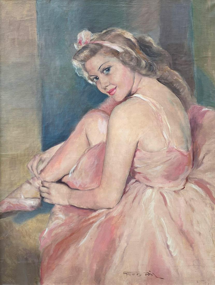 FRIED PAL BALLERINA OIL ON CANVAS: FRIED, Pal, (Hungarian, 1893-1976): Smiling Blue-Eyed Blonde Ballerina in Pink, Oil/Canvas, 31.5'' x 23.5'', signed lower right, framed, 38.5'' x 30.5''.