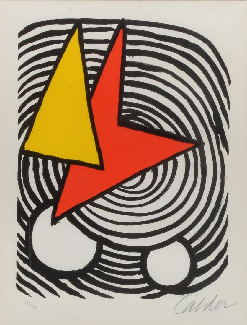 ALEXANDER CALDER LITHOGRAPH: CALDER, Alexander, (American, 1898-1976): Triangle and Quadrilateral, Lithograph, sight size 17" x 13", 20" x 15" with margins, pencil signed lower right, numbered 16/75 lower left, framed 23.25" x 19