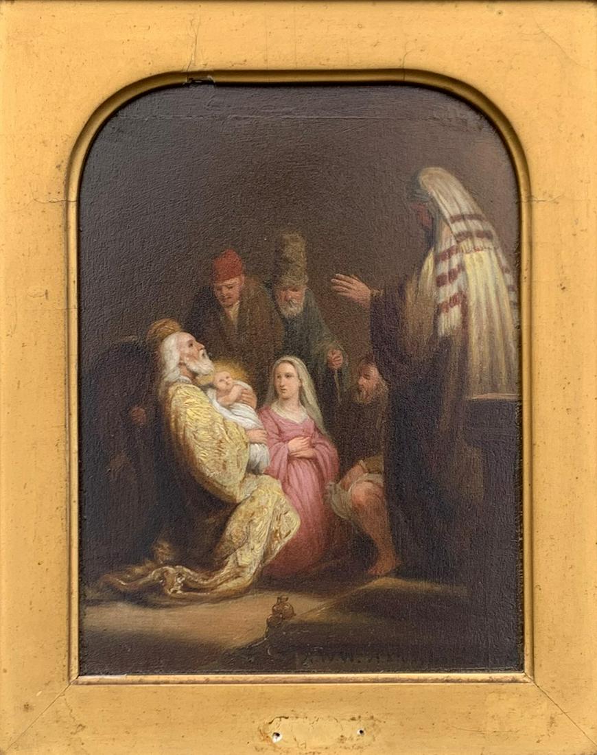 ROBERT WEIR PAINTING AFTER REMBRANDT: WEIR, Robert, (American, 1803 - 1889): Religious Genre Painting After Rembrandt, Oil/Wood Panel, 7.5'' x 6'', monogrammed lower right, inscribed study after Rembrandt, deep dish cove frame, 18'' x 16.
