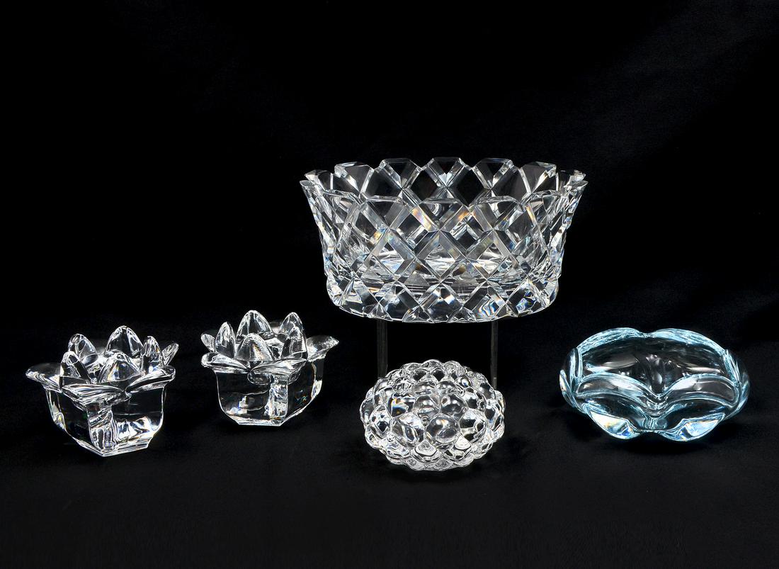 5 PIECE ORRETORS COLLECTION: 5 PIECE ORREFORS CRYSTAL COLLECTION: Comprising; 2- Floriform candle holders, 1- Raspberry form candle holder, 1- Floriform bowl, & 1- Large oblong Center bowl, having a diamond pattern. All signed or
