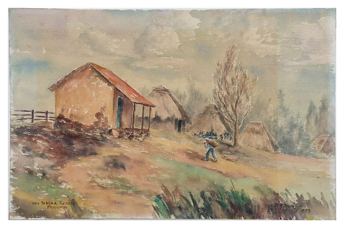 WATERCOLOR PAINTING OF PANAMA BY M. A. MOORISH: WATERCOLOR PAINTING OF PANAMA BY M. A. MOORISH: ''Les Tables, Rancho Panama'', Watercolor, 11.5'' x 18'', signed lower right, dated 1953, titled lower left.