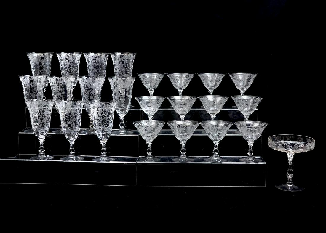 24 PC. CAMBRIDGE "ROSEPOINT" STEMWARE COLLECTION: 24 PC. CAMBRIDGE "ROSEPOINT" STEMWARE COLLECTION: Comprising; 12- White wine glasses, 10= Champagne glasses, & 12- Cordials. All are of the "Rosepoint" pattern, by Cambridge. Largest Approx. 7.5" h x 