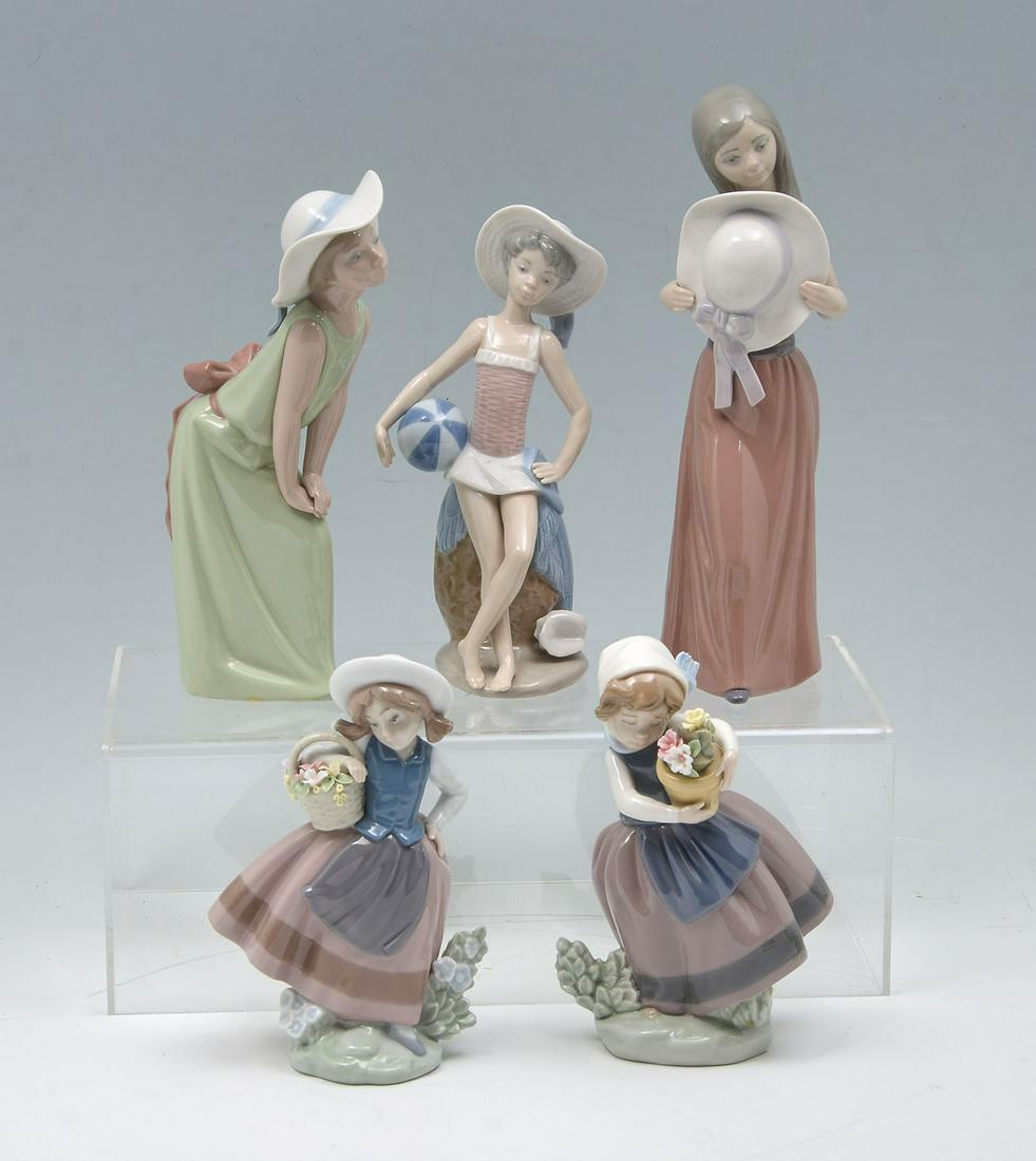 5 PIECE LLADRO COLLECTION: 5 PIECE LLADRO COLLECTION: Comprising; 1- Girl with Beach ball & Seashell, 1- Girl crouching with hands on knees, 1- Girl holding hat, 1- Girl holding floral vase, 1- Girl holding floral basket. Large